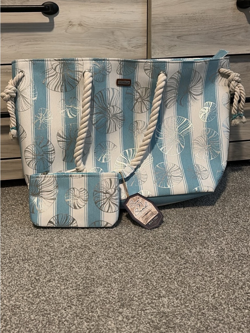 Sail to Shore Blue & White Striped Beach Tote with Pouch